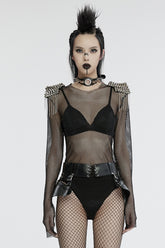 Black Long Sleeves Mesh Studded Tassel Women's Punk Bodysuit
